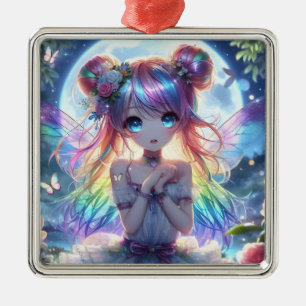Anime Girl Rainbow Hair Singing Måne Fairy Julgransprydnad Metall