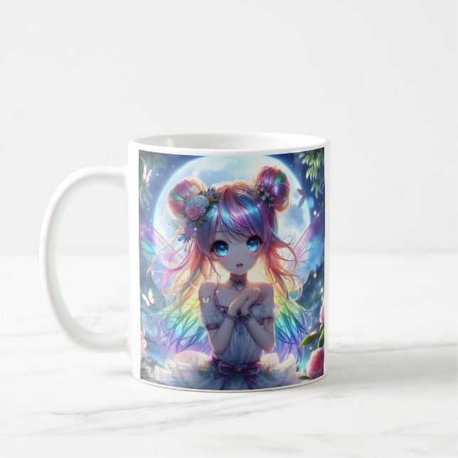 Anime Girl Rainbow Hair Singing Måne Fairy Kaffemugg (Vänster)