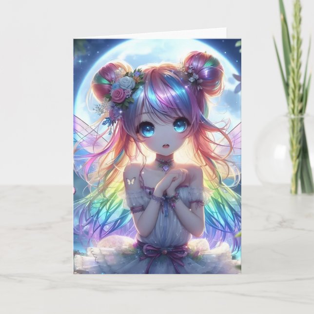 Anime Girl Rainbow Hair Singing Måne Fairy Kort (Framsida)