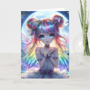 Anime Girl Rainbow Hair Singing Måne Fairy Kort