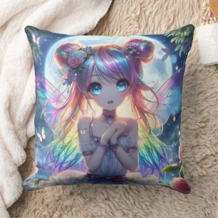 Anime Girl Rainbow Hair Singing Måne Fairy Kudde