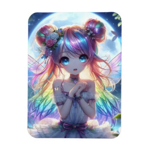 Anime Girl Rainbow Hair Singing Måne Fairy Magnet