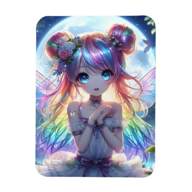 Anime Girl Rainbow Hair Singing Måne Fairy Magnet (Vertikal)
