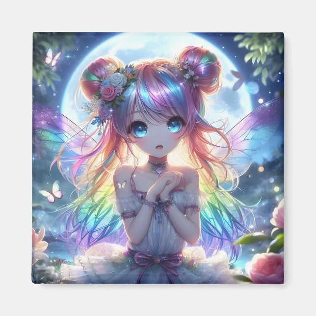 Anime Girl Rainbow Hair Singing Måne Fairy Magnet (Framsidan)