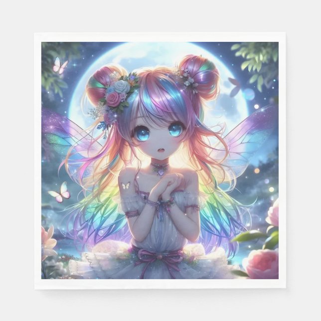 Anime Girl Rainbow Hair Singing Måne Fairy Pappersservett (Framsidan)