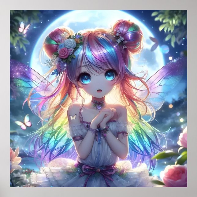 Anime Girl Rainbow Hair Singing Måne Fairy Poster (Framsidan)