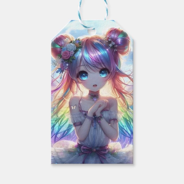 Anime Girl Rainbow Hair Singing Måne Fairy Presentetikett (Framsidan)