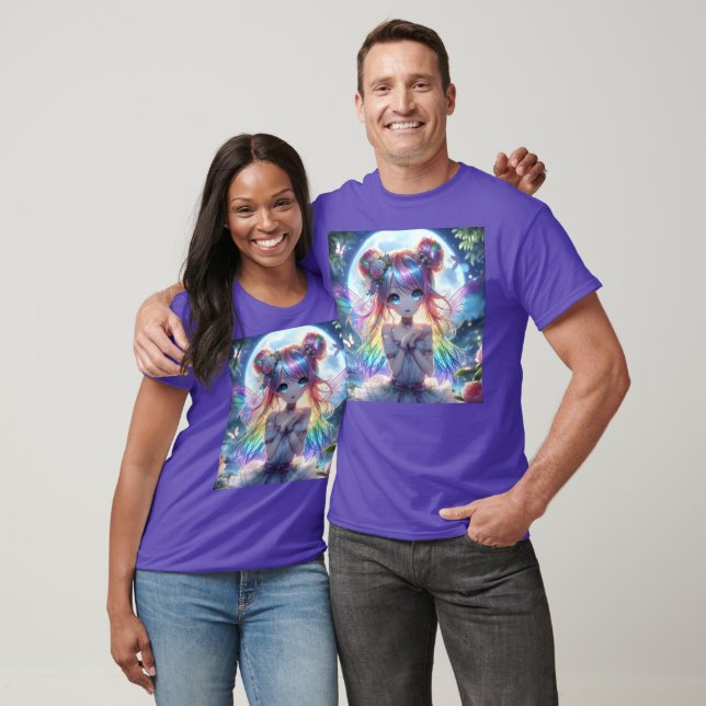Anime Girl Rainbow Hair Singing Måne Fairy T Shirt (Unisex)