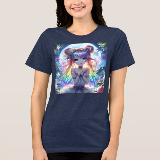 Anime Girl Rainbow Hair Singing Måne Fairy T Shirt (Framsida)