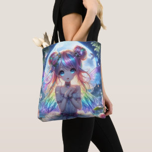 Anime Girl Rainbow Hair Singing Måne Fairy Tygkasse