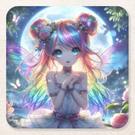 Anime Girl Rainbow Hair Singing Måne Fairy Underlägg Papper Kvadrat