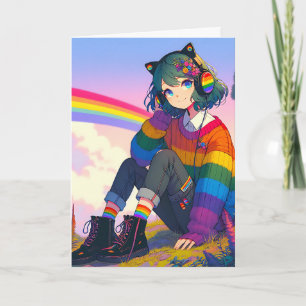 Anime Girl Rainbow Sweater Personlig Birthday Kort