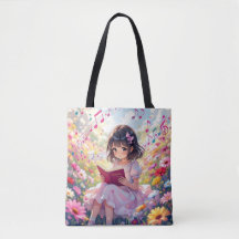 Anime Girl Reading in Flowers and Musical Notes
