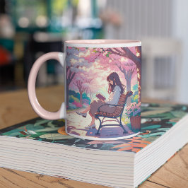 Anime Girl Reading in the Park Två-Tonad Mugg