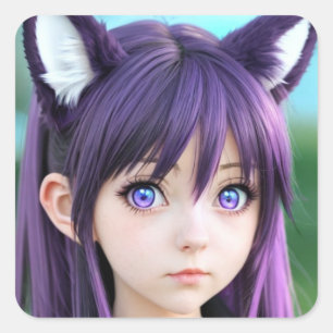 Anime Girl Realistic Fox Öron Fyrkantigt Klistermärke