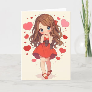 Anime Girl Red Chibi Heart Helgkort