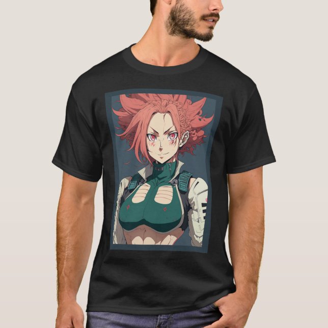 Anime Girl Red Hair and Green Top Military  T Shirt (Framsida)