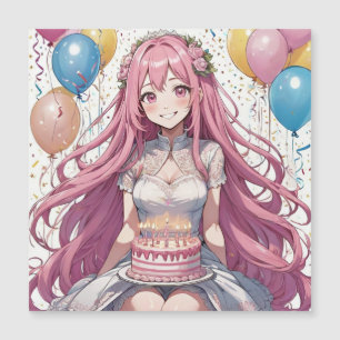 Anime Girl Rosa födelsedag Magnetisk Inbjudningskort
