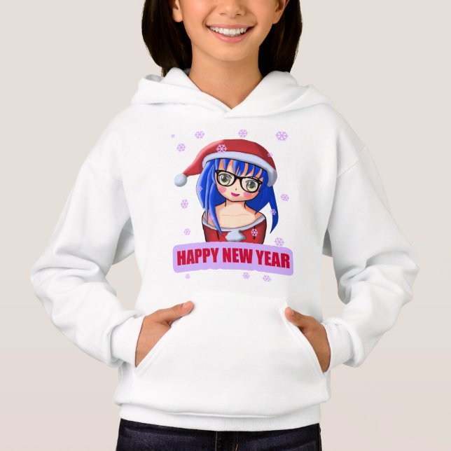 Anime Girl Santa Hat Hoodie T Shirt (Framsida)