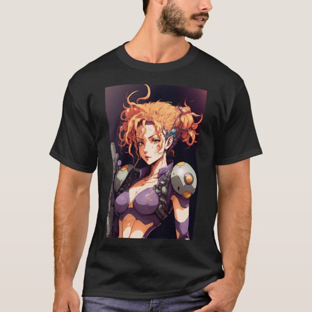 Anime Girl Sexy Space Warrior Soldier Orange Hair T Shirt (Framsida)
