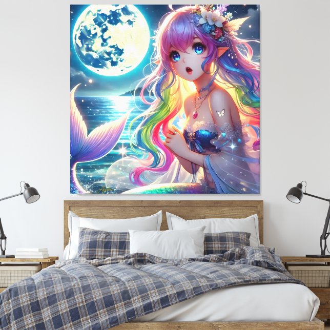 Anime Girl Singing Moonlight Pixie Rainbow Sjöjung Canvastryck (Insitu (sovrum))