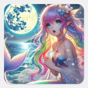 Anime Girl Singing Moonlight Pixie Rainbow Sjöjung Fyrkantigt Klistermärke