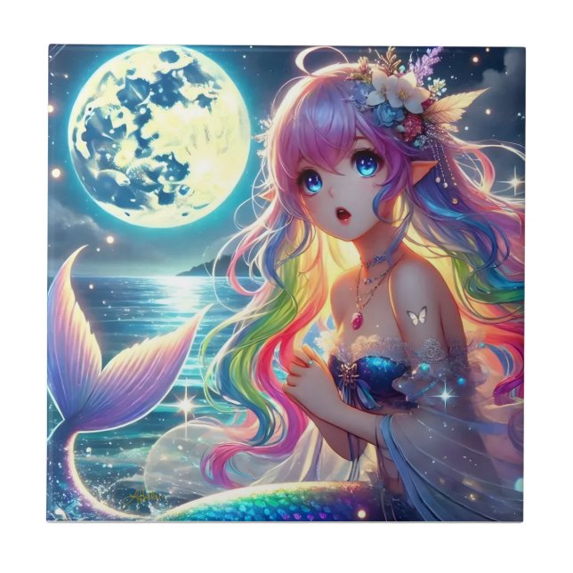 Anime Girl Singing Moonlight Pixie Rainbow Sjöjung Kakelplatta (Framsidan)