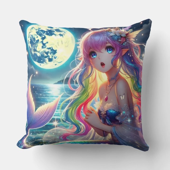 Anime Girl Singing Moonlight Pixie Rainbow Sjöjung Kudde (Framsida)