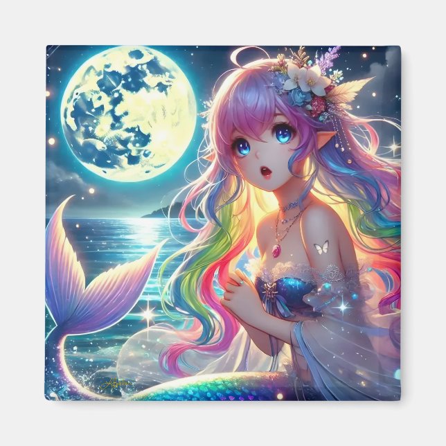 Anime Girl Singing Moonlight Pixie Rainbow Sjöjung Magnet (Framsidan)