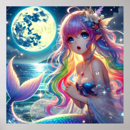Anime Girl Singing Moonlight Pixie Rainbow Sjöjung Poster