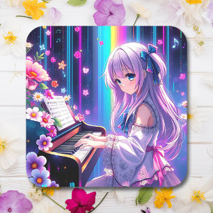 Anime Girl Spela Piano Fyrkantigt Klistermärke