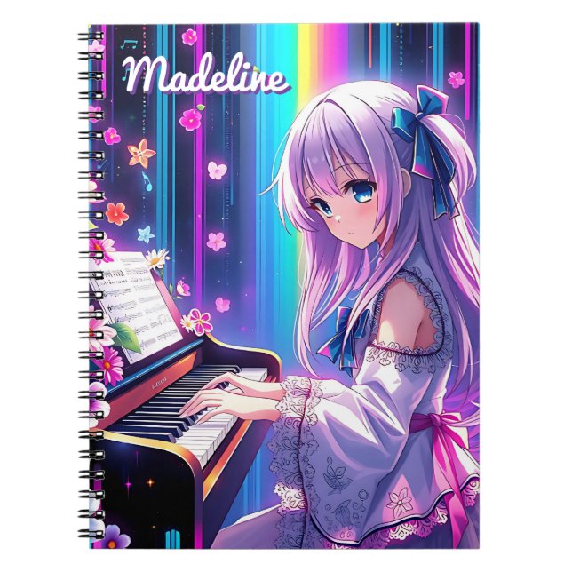 Anime Girl Spela Piano Personlig Anteckningsbok (Framsidan)