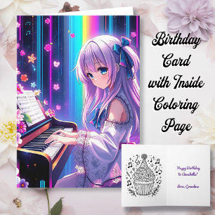 Anime Girl spelar Piano Personlig Birthday Kort