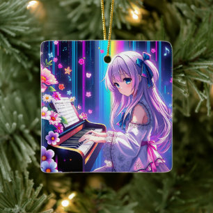 Anime Girl spelar Piano Personlig jul Julgransprydnad Keramik