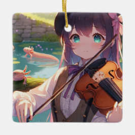 Anime Girl spelar violin och Axolotls Julgransprydnad Keramik