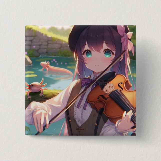 Anime Girl spelar violin och Axolotls Knapp (Framsida)