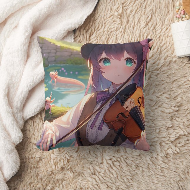 Anime Girl spelar violin och Axolotls Kudde (Filt)