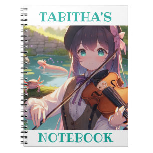 Anime Girl spelar violin och en Axolotl Anteckningsbok