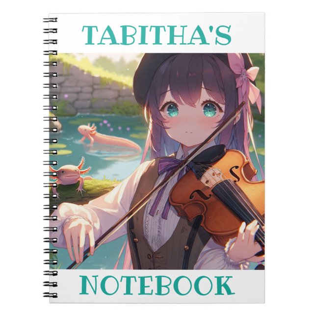 Anime Girl spelar violin och en Axolotl Anteckningsbok (Framsidan)