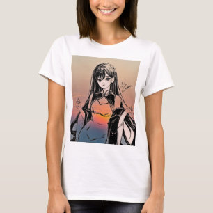 Anime Girl Sunset Art T Shirt Round Nacke