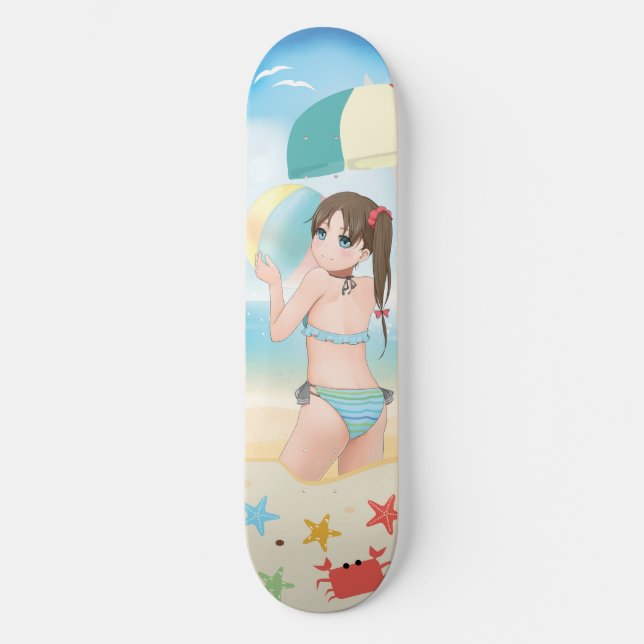 Anime Girl tecknade figurer på stranden Mini Skateboard Bräda 18,5 Cm (Framsida)
