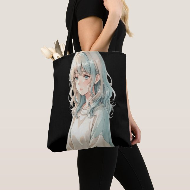 Anime Girl Tote Bag – Blue Hair Style Tygkasse (Närbild)