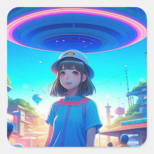 Anime Girl under en UFO i City Fyrkantigt Klistermärke