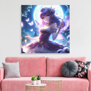 Anime Girl Violet Butterfly Vinge Måne Fairy Canvastryck