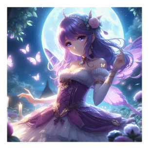 Anime Girl Violet Butterfly Vinge Måne Fairy Fototryck