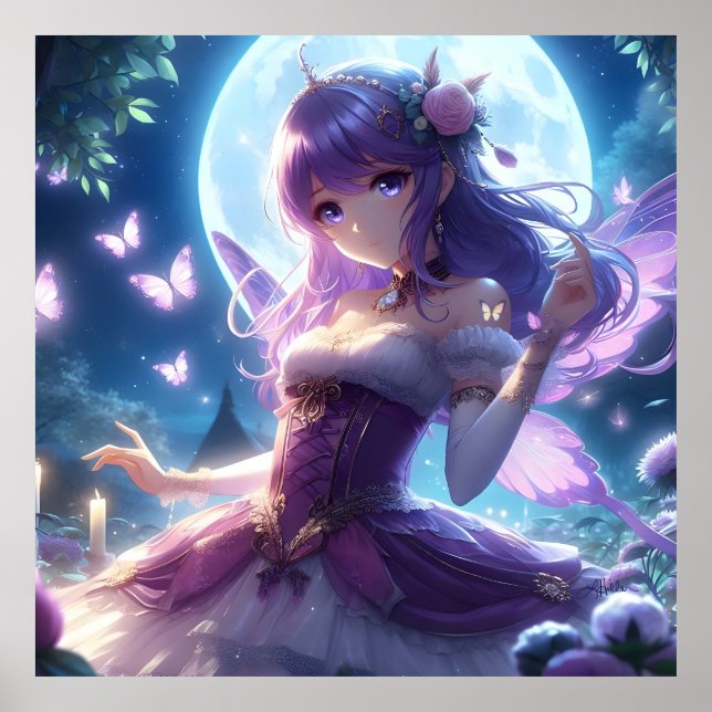 Anime Girl Violet Butterfly Vinge Måne Fairy Poster (Framsidan)