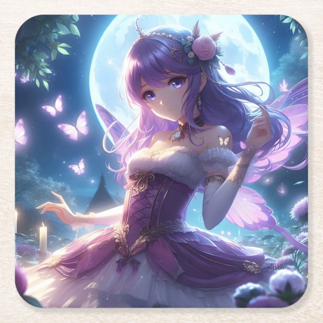 Anime Girl Violet Butterfly Vinge Måne Fairy Underlägg Papper Kvadrat (Framsidan)