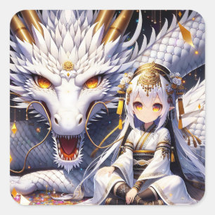Anime Girl Warrior och Dragon Ai Art Fyrkantigt Klistermärke