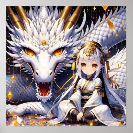 Anime Girl Warrior och Dragon Ai Art Poster