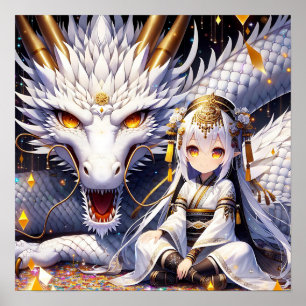 Anime Girl Warrior och Dragon Ai Art Poster